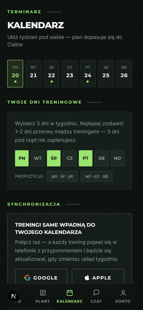 Ekran aplikacji: kalendarz treningów