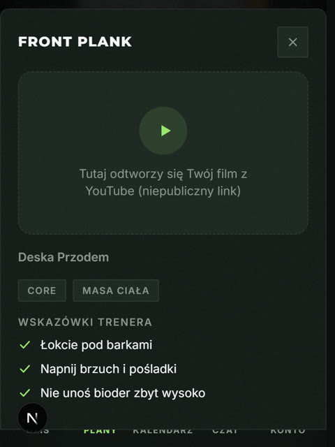 Ekran aplikacji: opis ćwiczenia po polsku ze wskazówkami trenera